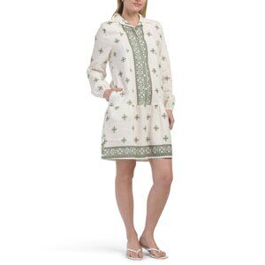 FRANCESCA BETTI Italy Linen Blend Long Sleeve Border Print Mini Dress